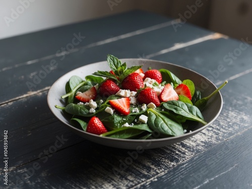 Strawberry spinach salad on wooden table. photo