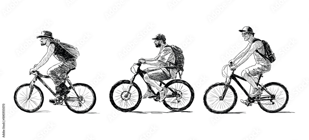 Obraz premium Cyclists riding bikes, three men in hats with backpacks, profile view, realistic sketch, vector hand drawings isolated on white