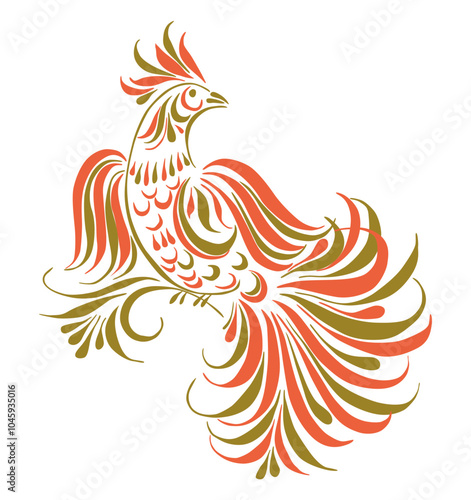 Bird decorative fantasy floral abstract, orange golden, christmas decoration, vector illustration