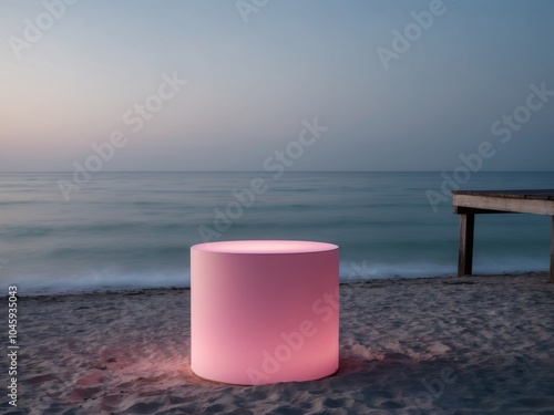 peaceful ocean scene with pink podium for calming product presentations. photo