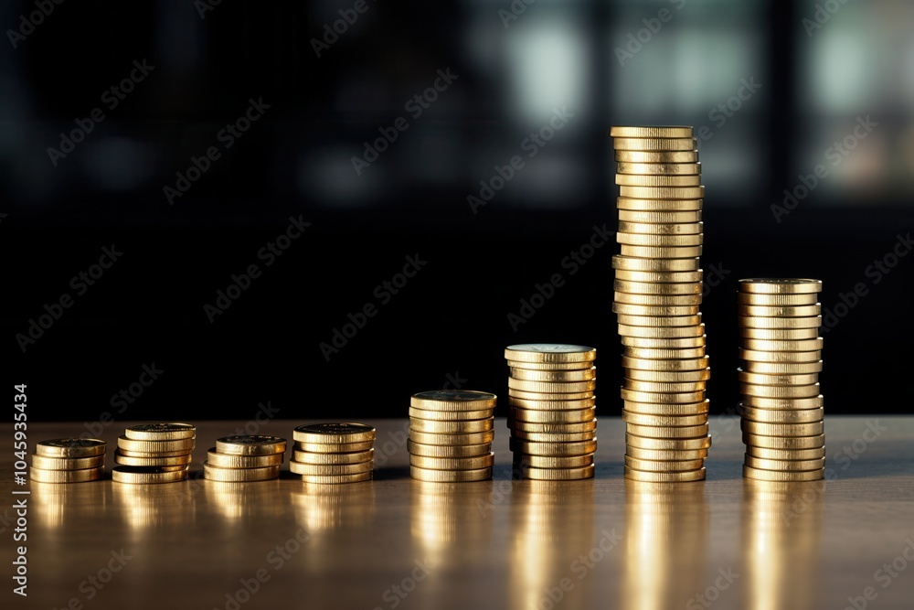 Stack of gold coins increasing in size on a smooth surface, dark background - concept of financial growth, wealth, and economy
Stack of gold coins increasing in size on a smooth surface, dark background - concept of financial growth, wealth, and economy