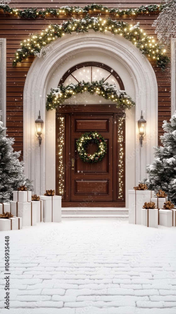 The entrance of a cafe is beautifully adorned with garlands, snow-covered trees, and gift boxes, creating a warm holiday atmosphere The entrance of a cafe is beautifully adorned with garlands, snow-covered trees, and gift boxes, creating a warm holiday atmosphere