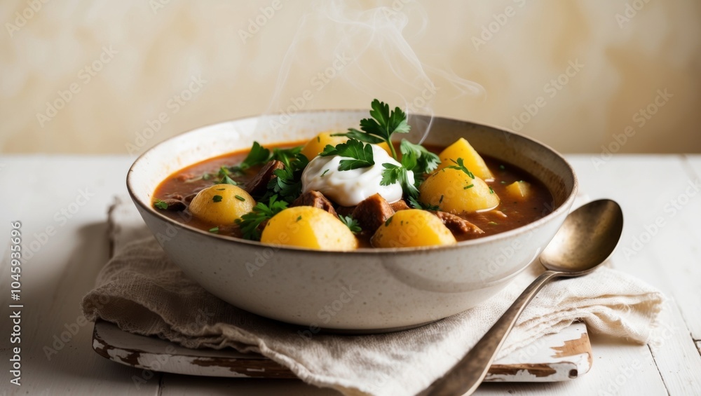 A hearty bowl of potato stew with tender meat. A hearty bowl of potato stew with tender meat.