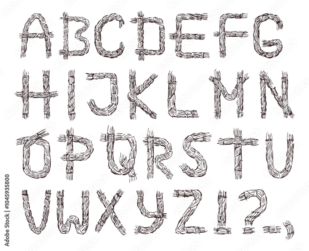Letters latin alphabet of rigging rope, hand drawn vector illustration isolated on white Letters latin alphabet of rigging rope, hand drawn vector illustration isolated on white