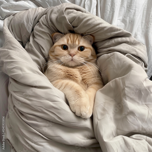 cat laying cozy in the grey bed sheets