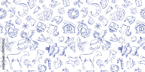 Seamless pattern of inky doodles differnent christmas symbols,background, paper,wrapper, fabric, vector photo