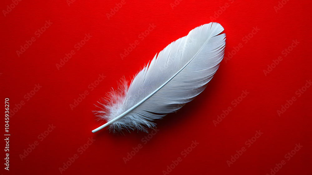Obraz premium An enchanting white feather effortlessly floating in mid-air, surrounded by a vibrant red background, emitting a warm and inviting glow that inspires a sense of calm.