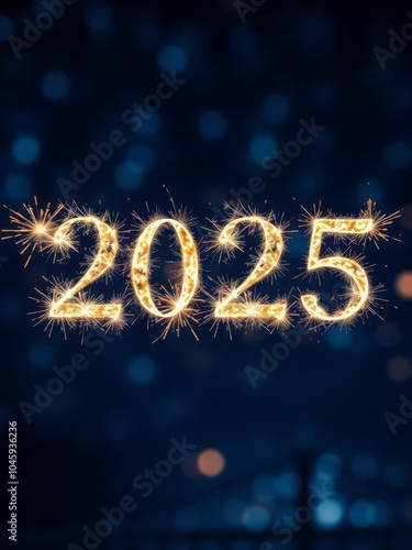 Sparkling golden numbers 2025, new year celebration, fireworks text effect, dark blue starry background, festive atmosphere, glowing digits, magical sparklers, night sky, futuristic typography, shimme photo