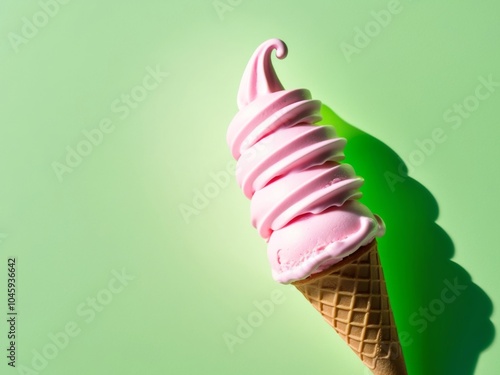 highlighter pink soft serve ice cream cone on a neon green background. photo