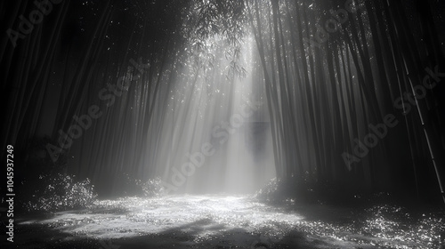 Artistic Representation of a Mysterious Misty Bamboo Forest Alight with Soft Fog and Light