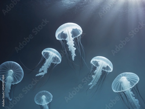 translucent jellyfish floating gracefully in deep blue sea.