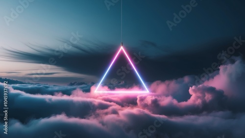 glowing neon triangle in mystical clouds. photo