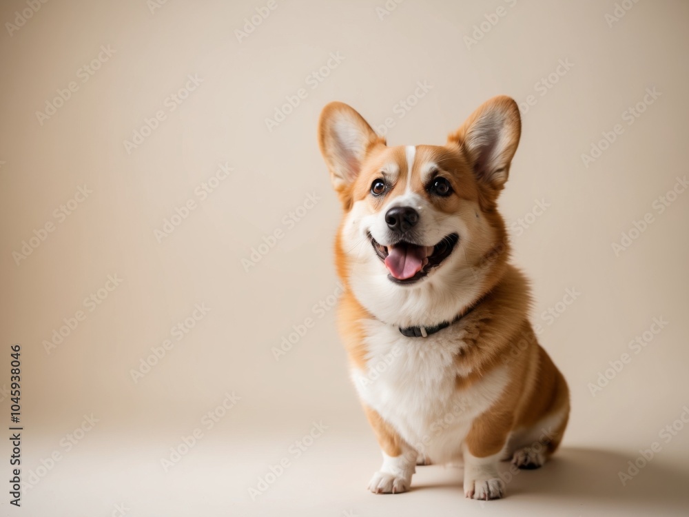 Cheerful Corgi Dog Smiling on Beige Background. Cheerful Corgi Dog Smiling on Beige Background.