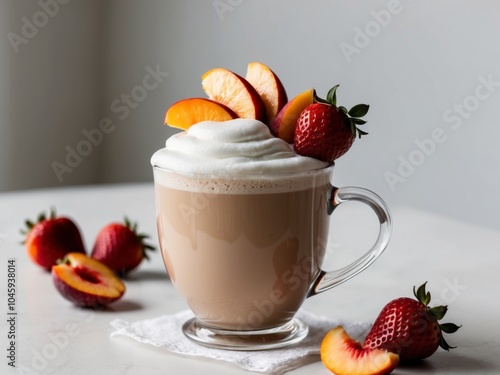 delicious peach and strawberry latte with creamy foam and fresh strawberries and peaches on top. photo