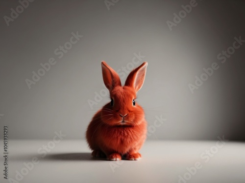 cute bright red fluffy rabbit on a gray background. photo