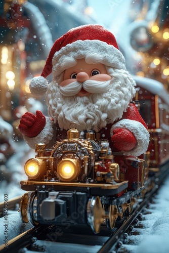 Cheerful Santa Claus figurine riding a festive train through a snowy winter wonderland.