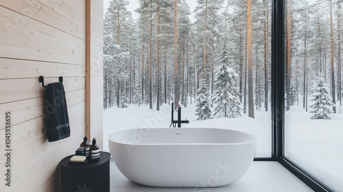 A sleek, modern bathroom features a freestanding bathtub by a large window, offering serene views of a snowy landscape and tall pine trees outside photo