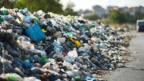  A landfill overflowing with plastic waste, with mountains of discarded items piling up 