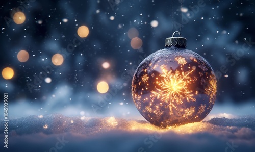 A shimmering Christmas bauble made of glowing light patterns and sparkling snowflakes, floating in the air against a frosty, snowy backdrop