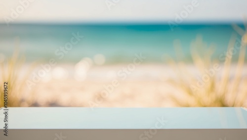Table top view with blurred seascape summer beach background Flawless.