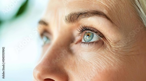 Detailed portrait of an elderly woman showing natural wrinkles around her eyes, mouth, and nose. The wrinkles are softly lit emphasizing the beauty of aging as well as her expression of joy, creating photo