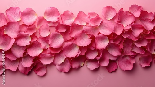 Pink rose petals on a pink background, flat lay, top view