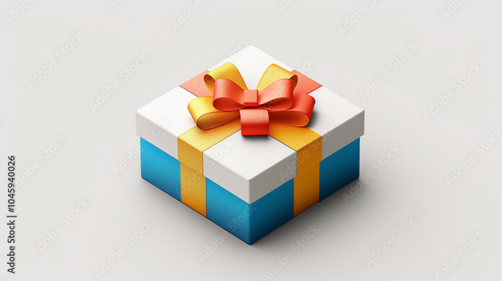 Stylish gift box wrapped in a vibrant combination of orange and yellow ribbons on a white and blue box. Ideal for holiday, birthday, or celebration themes with a minimalist and modern aesthetic.