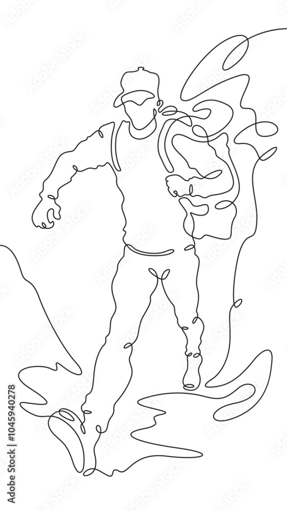 Fototapeta premium Continuous one line drawing tourist with a backpack in the mountains. Mountaineering. Rock climbing. High mountains. One continuous line isolated minimal vertical illustration.