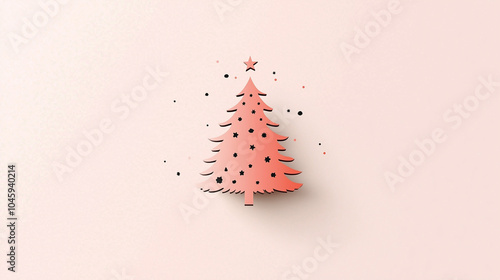 Elegant minimalist illustration of a pink Christmas tree adorned with simple black and red star accents on a soft pink background, perfect for stylish and modern holiday-themed designs and decor. photo