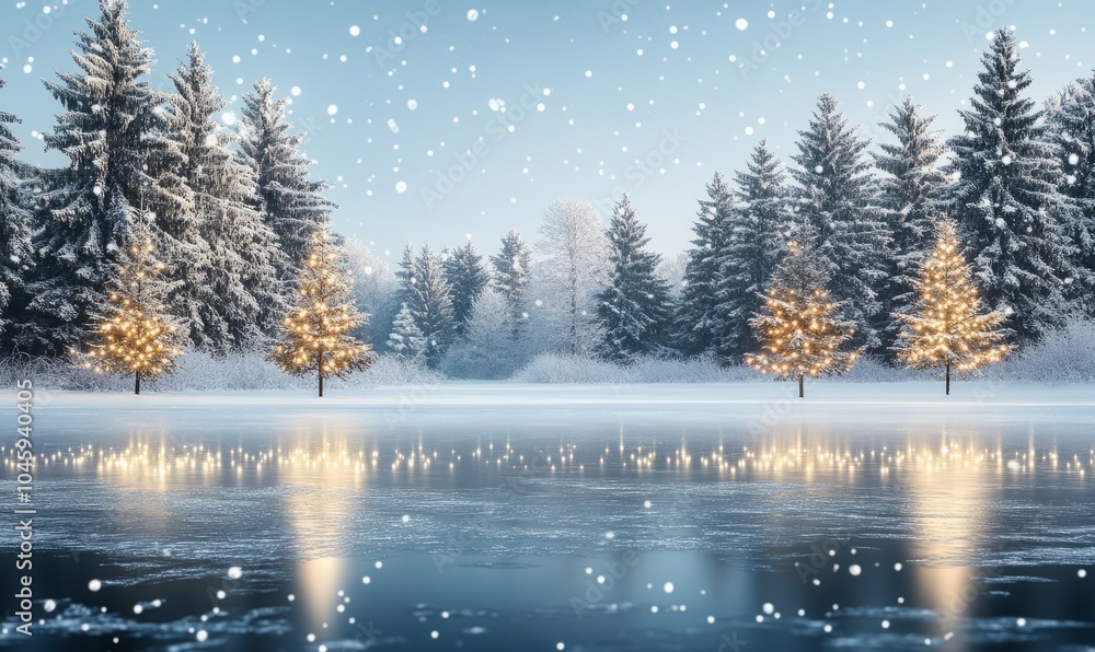 Obraz premium An elegant winter landscape with gently falling snowflakes over a frozen lake, surrounded by frosty pine trees decorated with simple, delicate strings of light