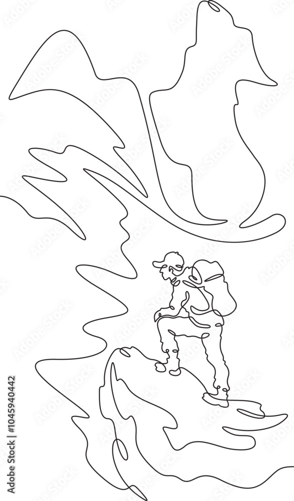 Continuous one line drawing tourist with a backpack in the mountains. Mountaineering. Rock climbing. High mountains. One continuous line isolated minimal vertical illustration. Continuous one line drawing tourist with a backpack in the mountains. Mountaineering. Rock climbing. High mountains. One continuous line isolated minimal vertical illustration.