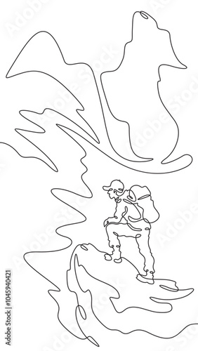 Continuous one line drawing tourist with a backpack in the mountains. Mountaineering. Rock climbing. High mountains. One continuous line isolated minimal vertical illustration.