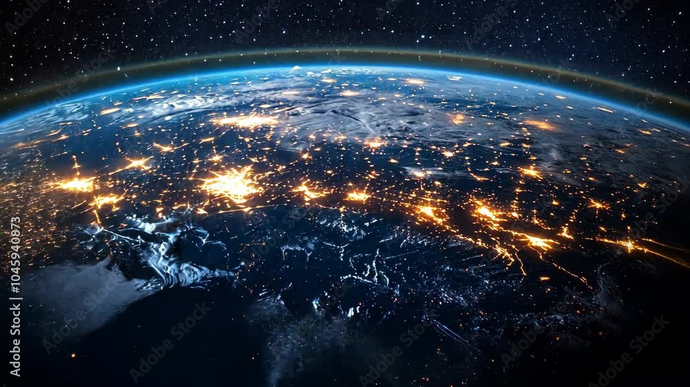 A view of Earth at night, showing the lights of cities across the globe A view of Earth at night, showing the lights of cities across the globe