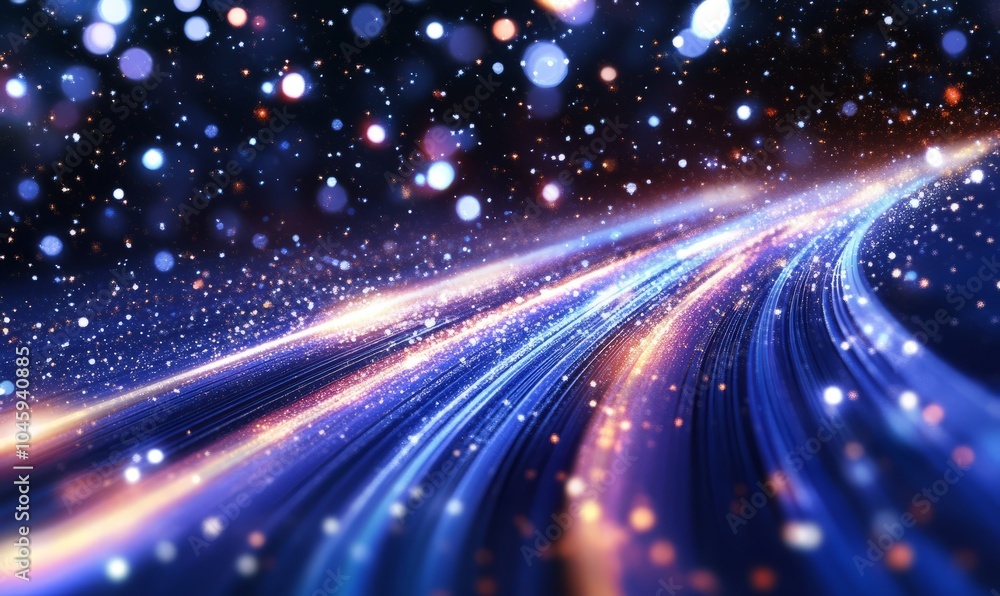 An abstract Christmas night with glowing light trails and twinkling stars, set against a dark, snowy landscape with softly falling snowflakes An abstract Christmas night with glowing light trails and twinkling stars, set against a dark, snowy landscape with softly falling snowflakes