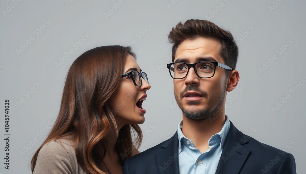 Woman talking animatedly to a man in glasses during a casual conversation in a studio setting Woman talking animatedly to a man in glasses during a casual conversation in a studio setting