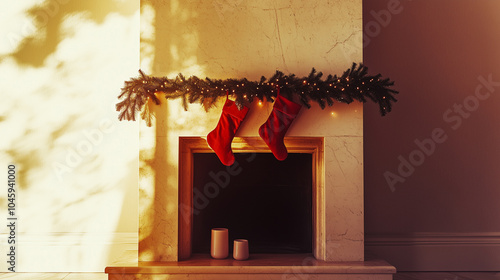 Warm and festive Christmas scene featuring a minimalist marble fireplace adorned with a green garland and two red stockings, evoking a cozy holiday ambiance perfect for seasonal decor inspiration. photo