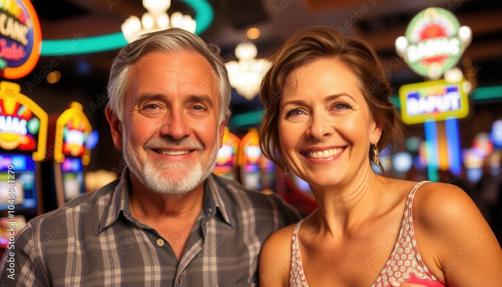 Couple enjoying their time at a lively casino, smiling in front of colorful slot machines in the evening atmosphere Couple enjoying their time at a lively casino, smiling in front of colorful slot machines in the evening atmosphere