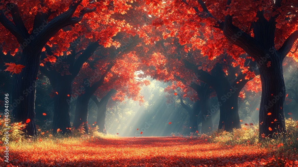 Forest glade with a canopy of red leaves Forest glade with a canopy of red leaves