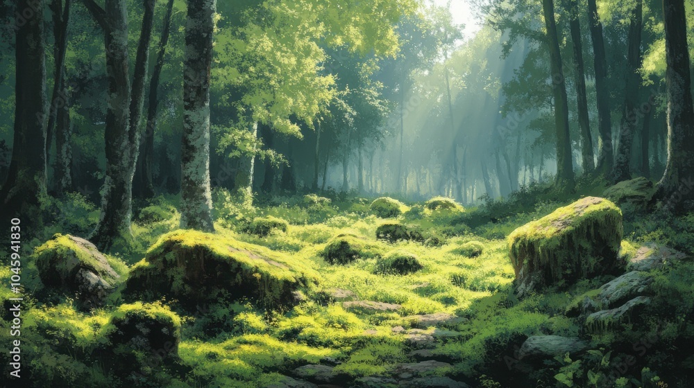 Obraz premium Forest glade with moss-covered rocks