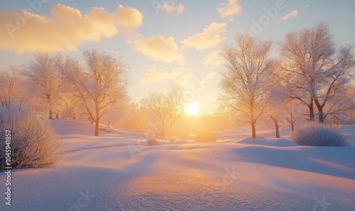 Christmas morning sunrise casting a warm glow over a snow-covered landscape