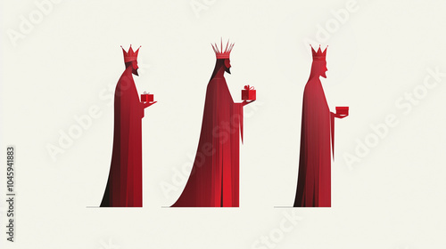 A minimalist illustration of the Three Wise Men in red, each carrying a gift, symbolizing the Epiphany. The figures are elongated and crowned, creating an elegant, festive image. photo