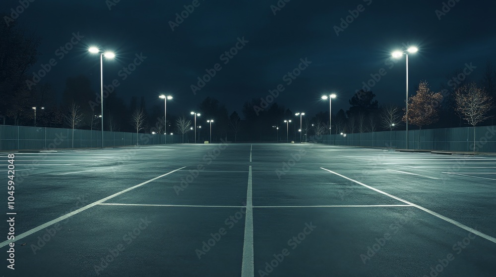 Empty parking lot at night, illuminated by bright streetlights. Empty parking lot at night, illuminated by bright streetlights.