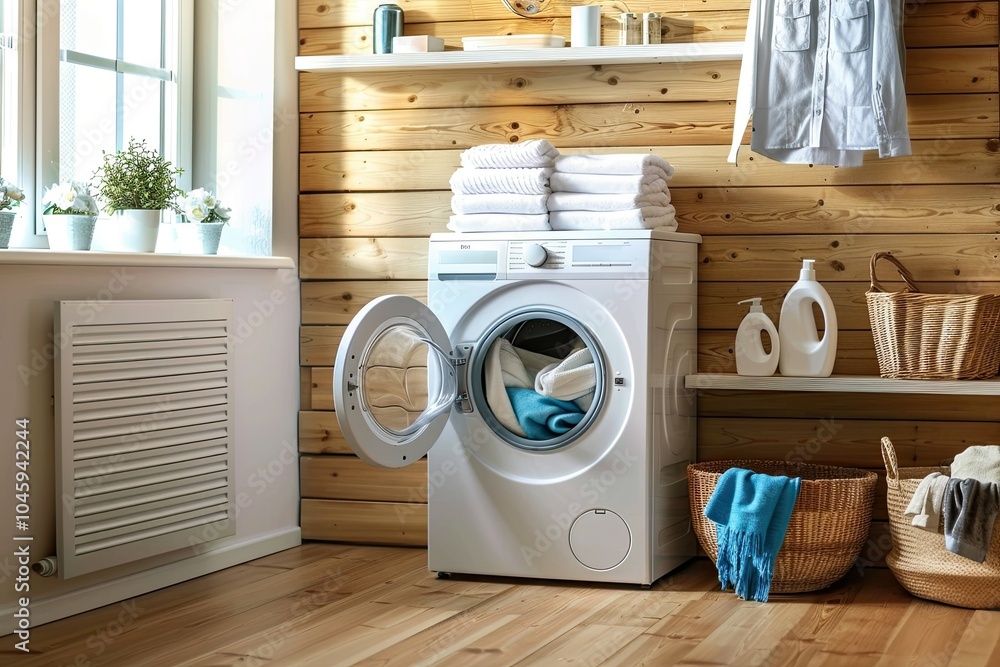 A beautifully organized laundry room with a washing machine, baskets, and plants, illuminated by natural light. A beautifully organized laundry room with a washing machine, baskets, and plants, illuminated by natural light.
