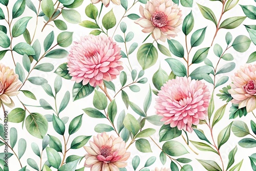 Watercolor seamless pattern of pink blush blossoms, foliage, and dried eucalyptus