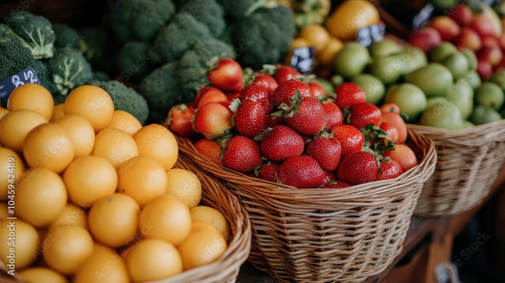 Fresh fruits and vegetables neatly arranged in baskets at a grocery market. Fresh fruits and vegetables neatly arranged in baskets at a grocery market.