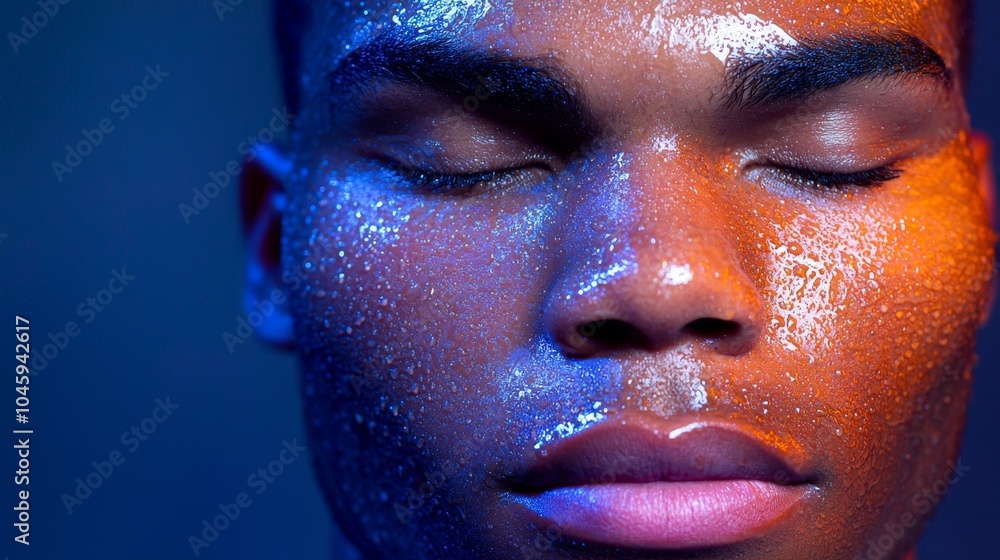 The shimmering water and vibrant colors create a surreal and tranquil atmosphere in this underwater photograph of a person with closed eyes. The shimmering water and vibrant colors create a surreal and tranquil atmosphere in this underwater photograph of a person with closed eyes.