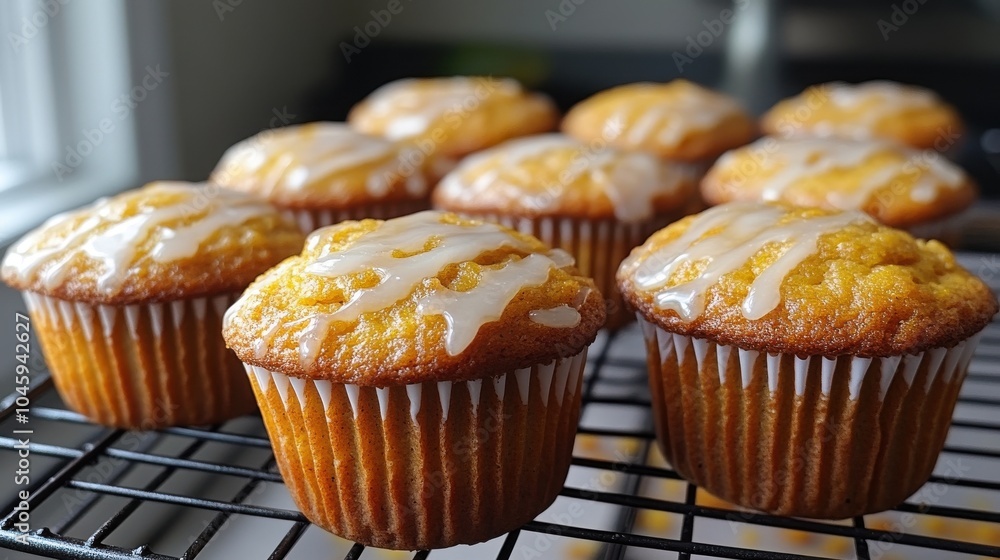 Freshly baked pumpkin muffins with glaze Freshly baked pumpkin muffins with glaze