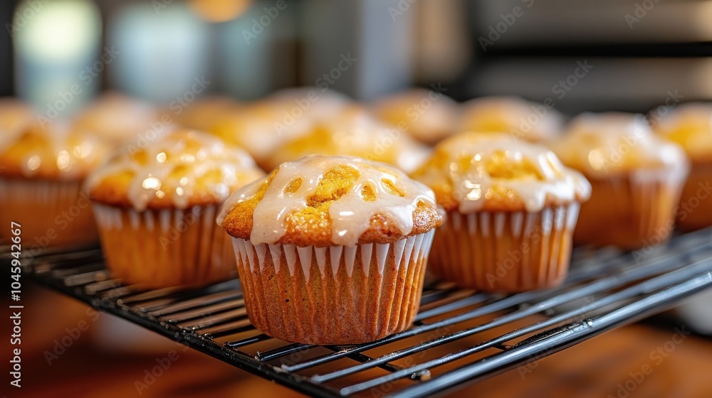 Freshly baked pumpkin muffins with glaze Freshly baked pumpkin muffins with glaze