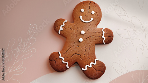 A delightful gingerbread man decorated with white icing, showcasing a cheerful smile on a warm, festive background. Ideal for Christmas-themed projects, holiday cards, and seasonal decor. photo