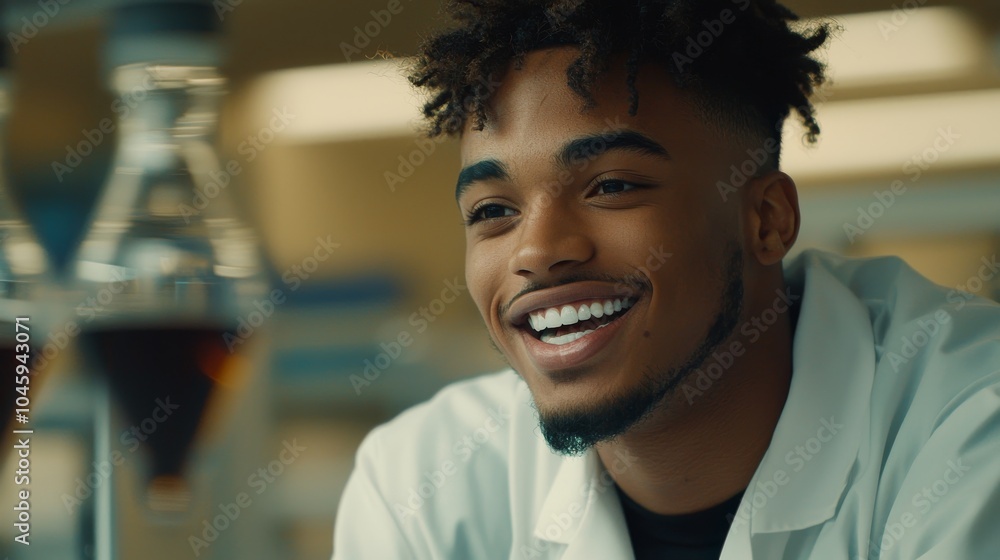 Obraz premium The image shows a young man in a white lab coat with equipment and a microscope surrounded by a laboratory setting.
